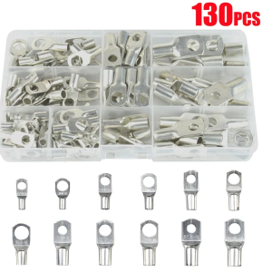 130Pcs Copper Tinned Lug Terminals Crimp Kit Battery Cable Wire - Non-Insulated