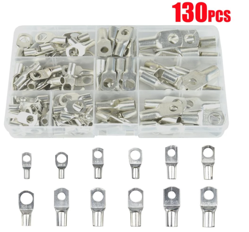 130Pcs Copper Tinned Lug Terminals Crimp Kit Battery Cable Wire - Non-Insulated
