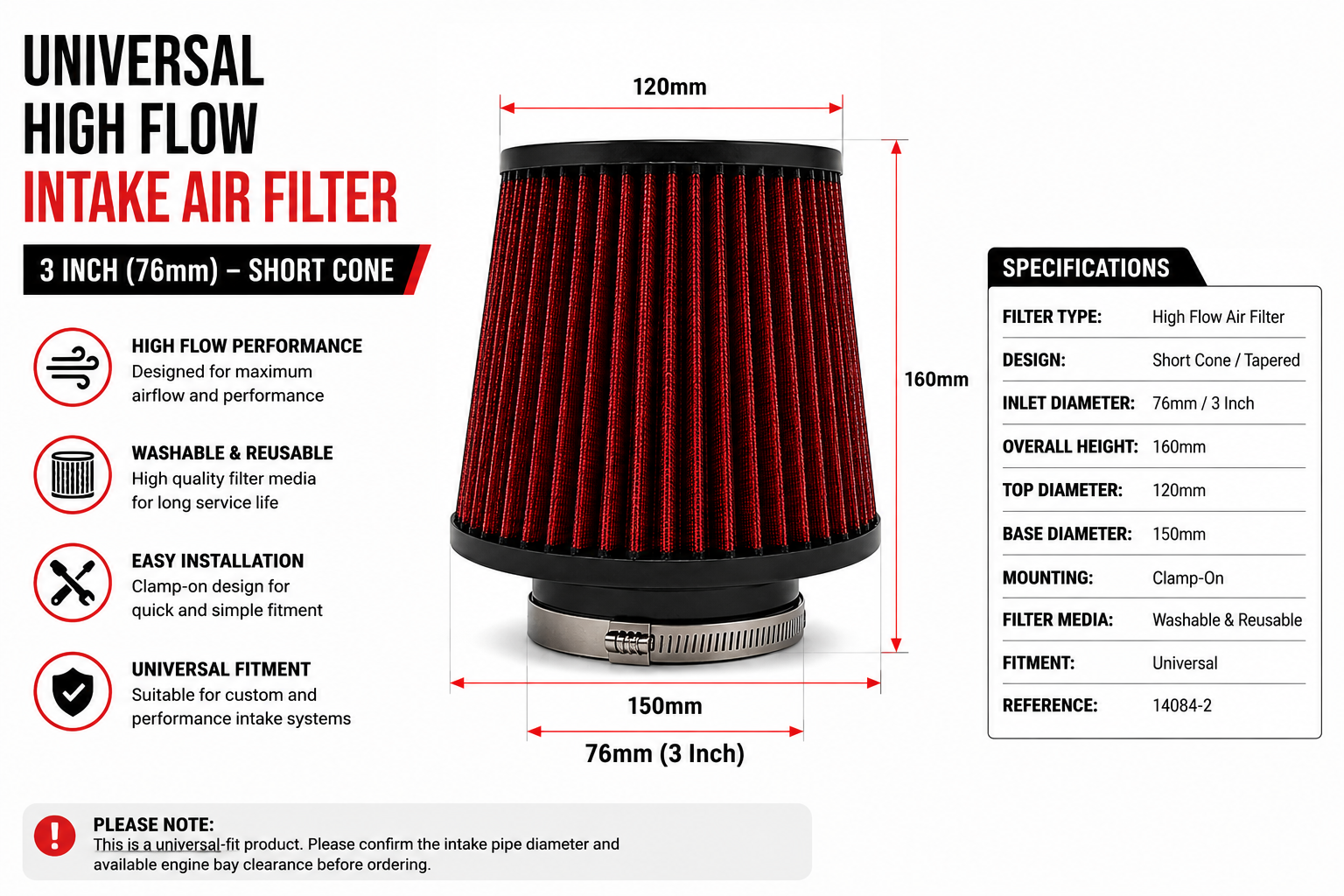 Universal High Flow Intake Air Filter – 3 Inch 76mm – Short Cone 160mm - Image 3