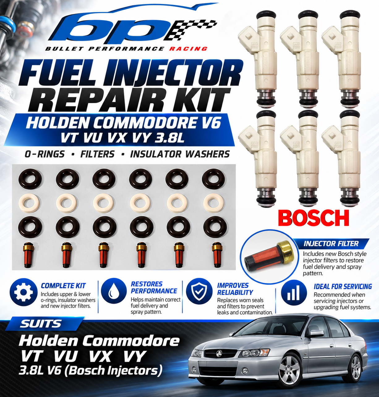 V6 BOSCH Fuel Injector Repair Kit Oring Filter Holden Commodore VT VU VX VY 3.6L