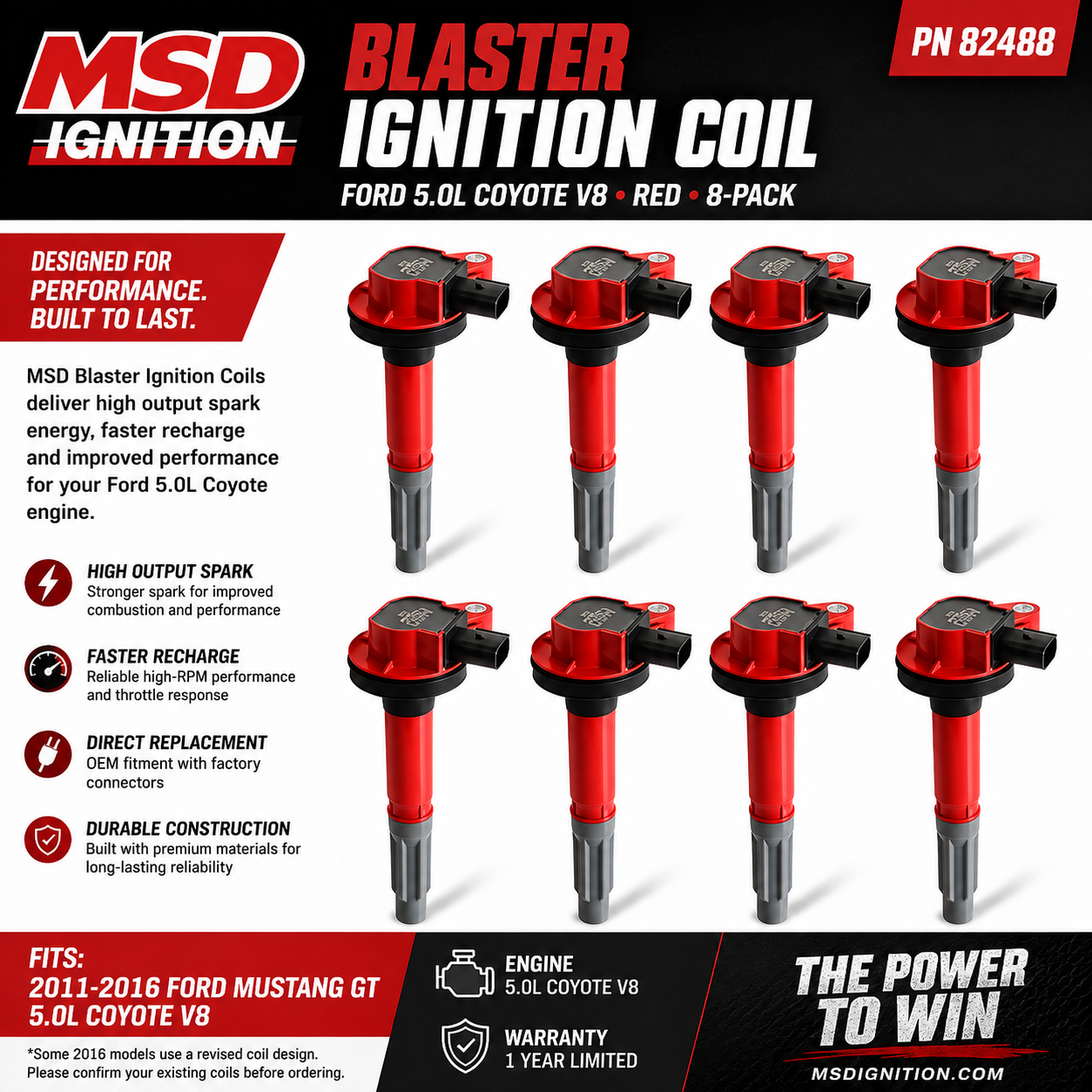 MSD Blaster Ignition Coil Pack – Ford 5.0L Coyote V8 (Red) – 8 Pack – PN 82488