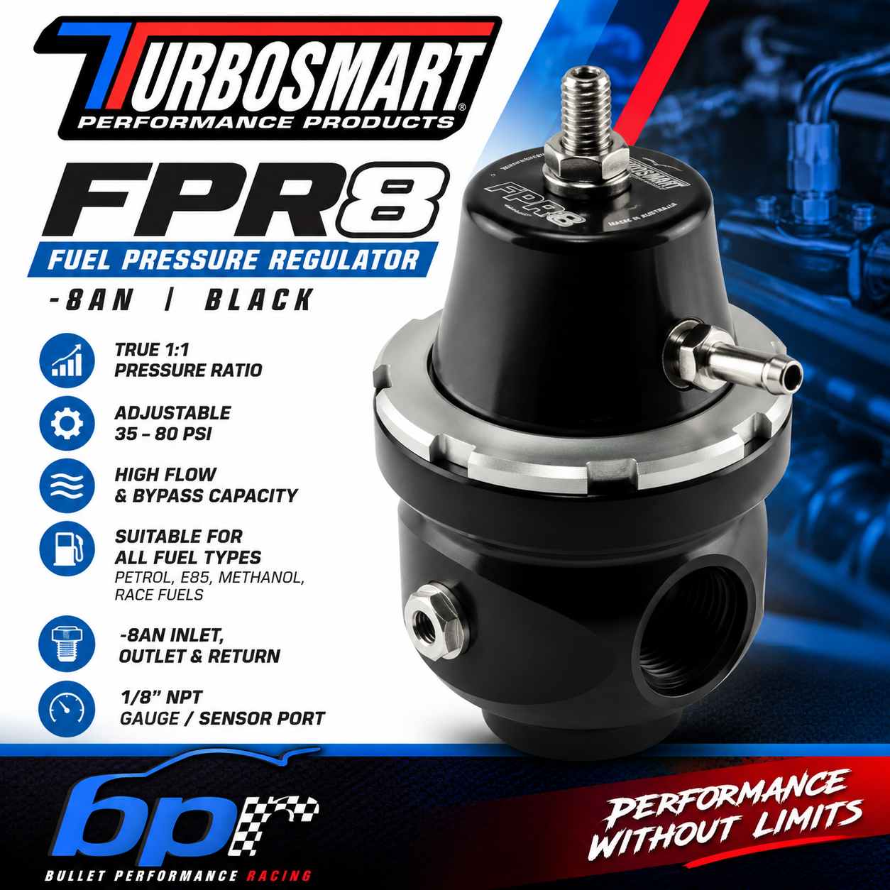 Turbosmart FPR8 Fuel Pressure Regulator -8AN Black | TS-0404-1032