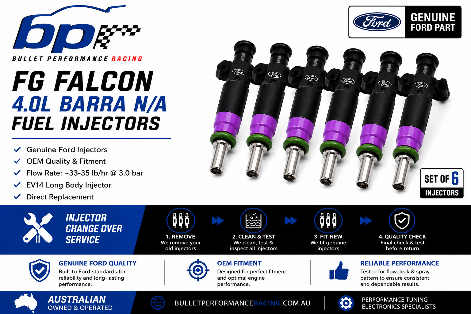 Ford Falcon FG FGX XR6 4.0L N/A Genuine Reconditioned Fuel Injectors (Set of 6) – Cleaned, Flow Tested & Matched – Change Over Service