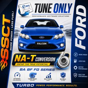 Blue Ford Falcon performance advertisement highlighting NA-T (Naturally Aspirated to Turbo) conversion services for BA, BF, and FG models, featuring turbocharger upgrades, increased power, improved fuel efficiency, and custom tuning solutions.
