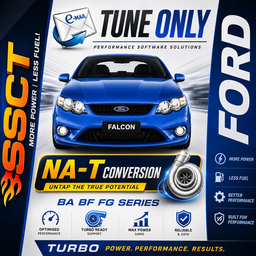 Blue Ford Falcon performance advertisement highlighting NA-T (Naturally Aspirated to Turbo) conversion services for BA, BF, and FG models, featuring turbocharger upgrades, increased power, improved fuel efficiency, and custom tuning solutions.