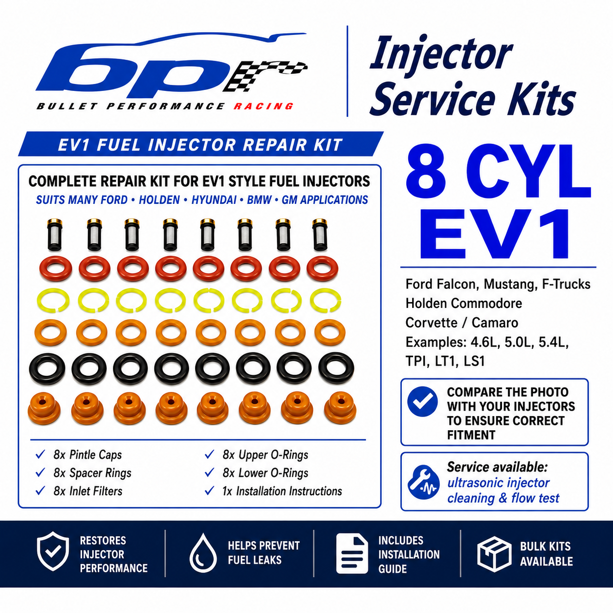 8Cyl EV1 Fuel Injector Repair Kit – Caps, O-Rings, Filters – Ford Holden BMW GM