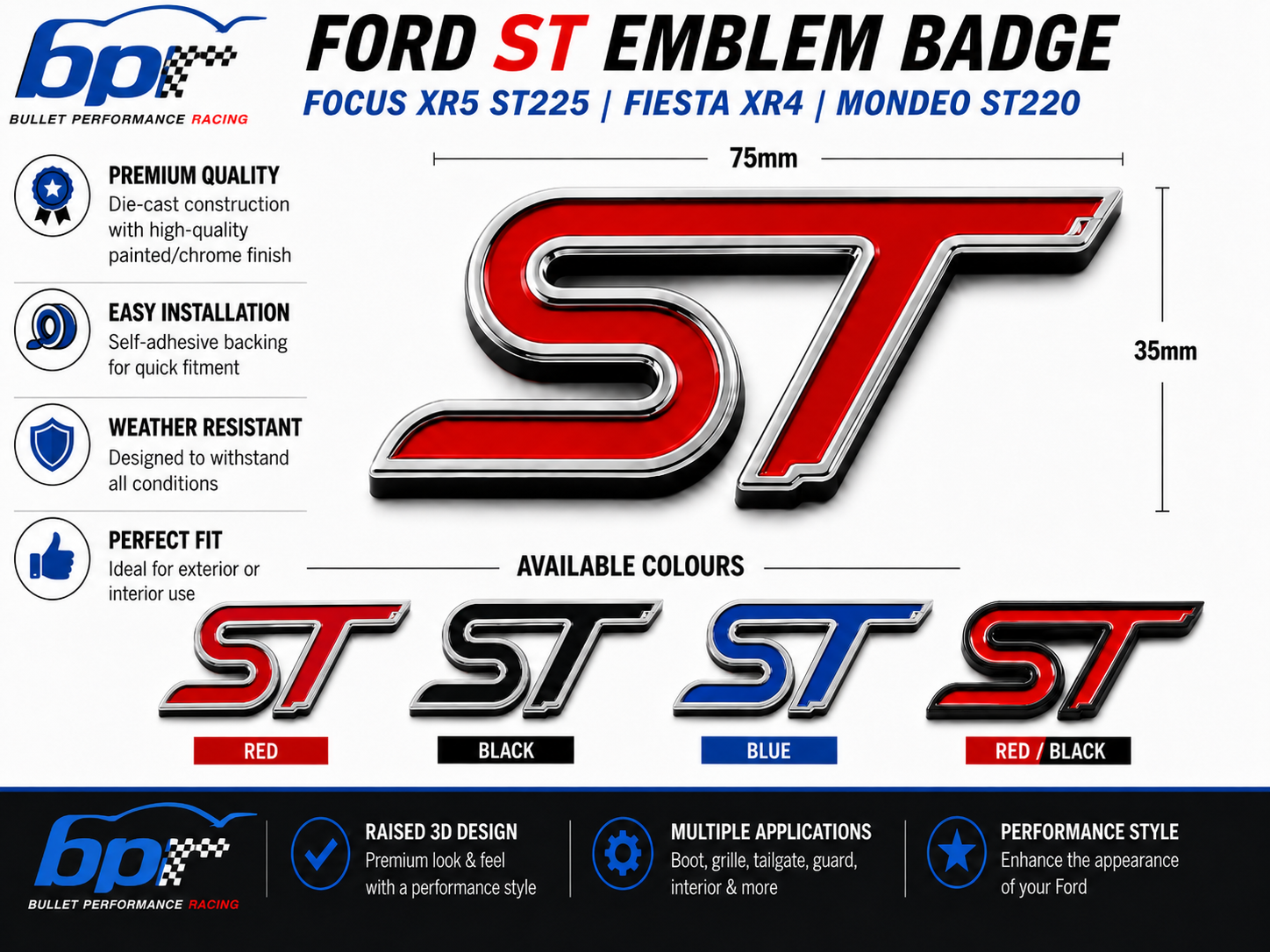 Ford ST Emblem Badge Performance Decal Focus Feista Mondeo ST225 ST220 XR4 XR5