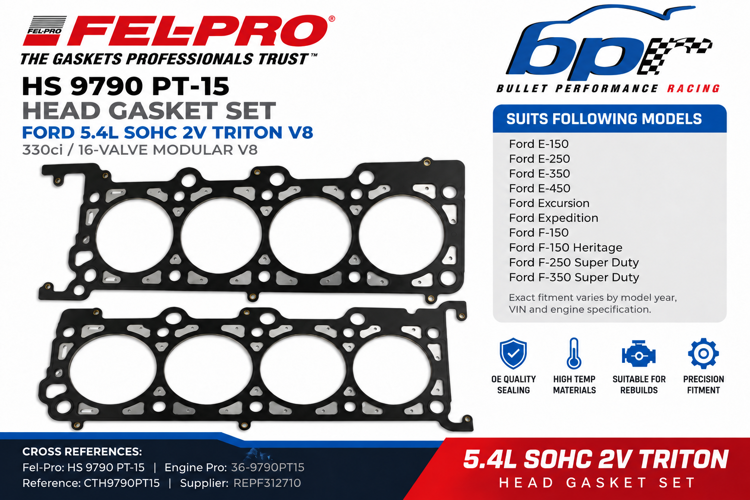 Fel-Pro HS 9790 PT-15 Head Gasket Set Ford 5.4L SOHC V8 Triton Excursion F-Series